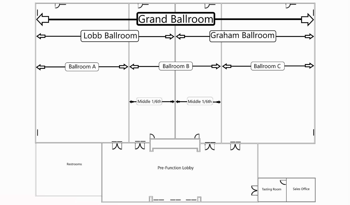 Floor plan of Rochester Event Center Ballroom with labeled sections, restrooms, and pre-function lobby.